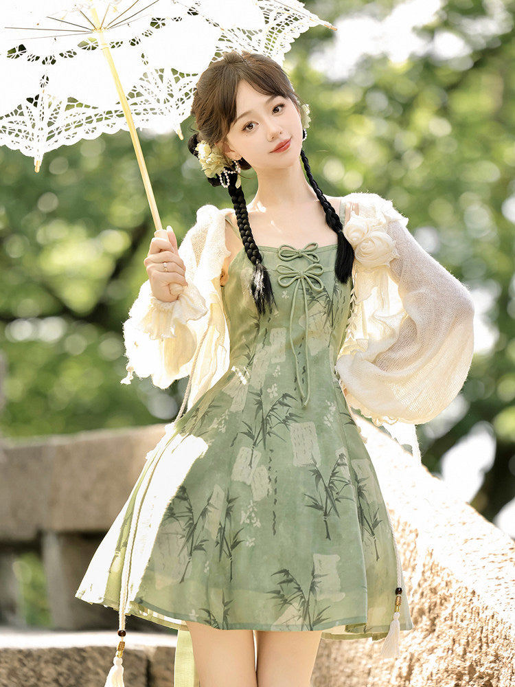 Bamboo Print Chinese Style Sundress With Sheer Cardigan YOU0281