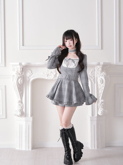 Plaid Square Neck Belted Dress NOG0027