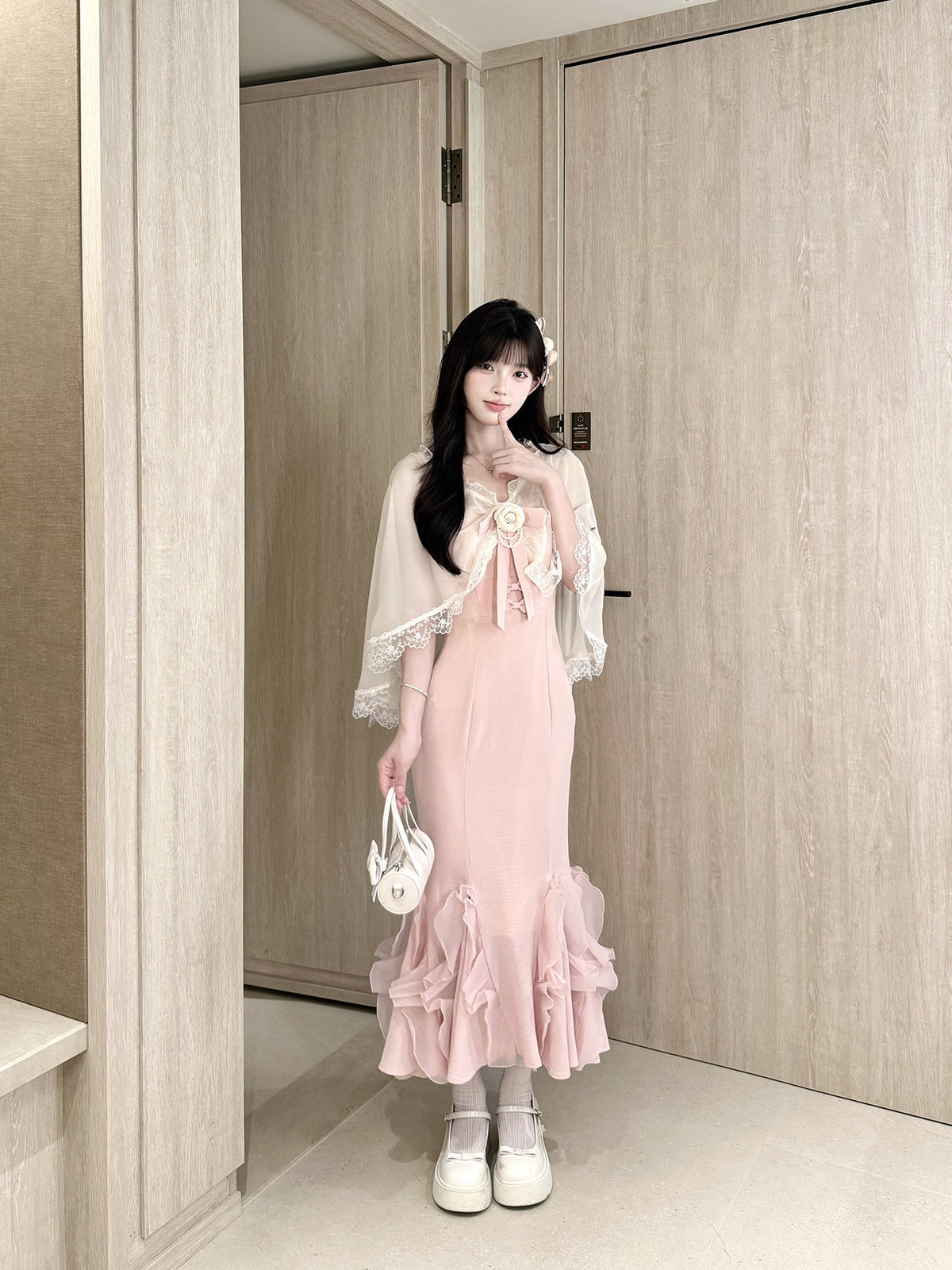 Lace Shawl Ruffle Mermaid Strap Dress Set BEL0038