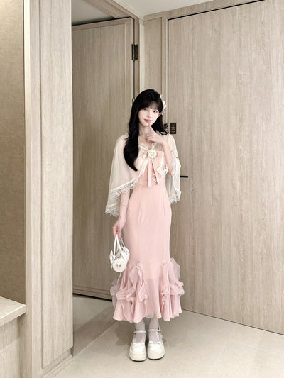 Lace Shawl Ruffle Mermaid Strap Dress Set BEL0038