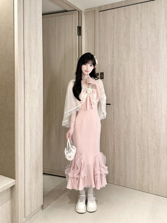 Lace Shawl Ruffle Mermaid Strap Dress Set BEL0038