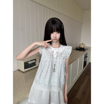Doll Collar Flutter Sleeve Gingham Check Blouse LAL0224
