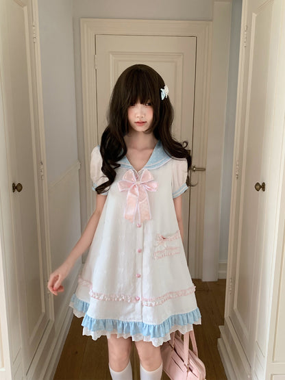 Sailor Collar Puff Sleeve Dress With Ruffle Hem LAL0190