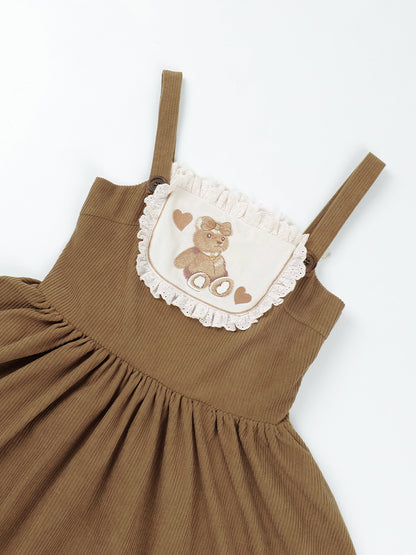 Corduroy Mid-Length Dress with Bear Embroidery WIT0208