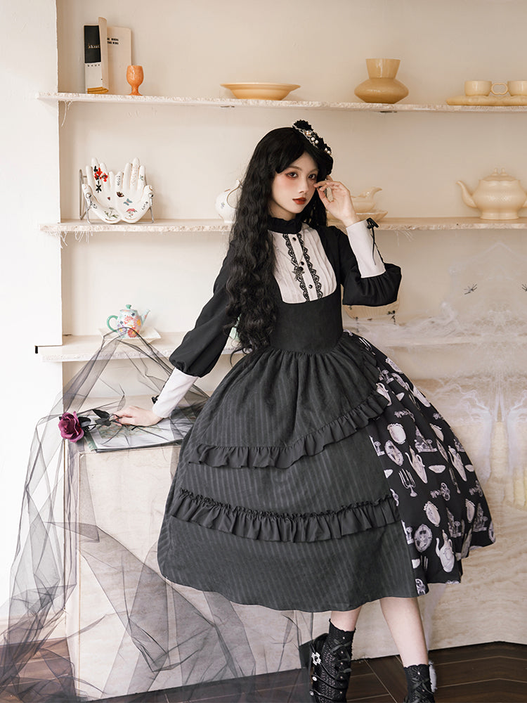 Asymmetry Frill Tiered Black Lolita Dress WIT0142