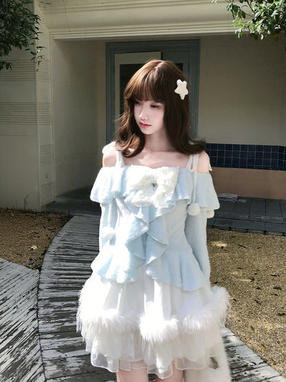 Snow Frost Ruffle Off Shoulder Sweater LAL0150