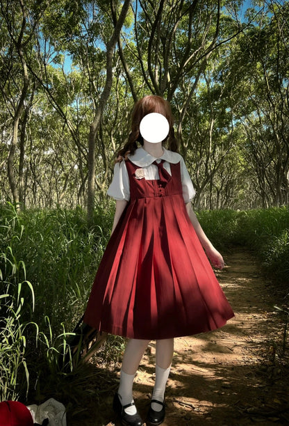 School Style Wine Red Suspender Skirt & Doll White Shirt HUT0069