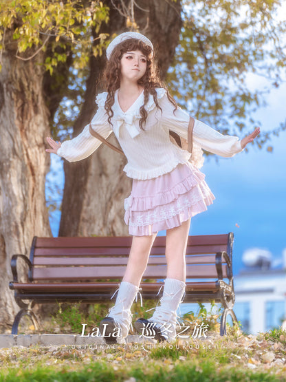 Ruffle Collar Bow Knit Sweater With Tiered Skirt LAL0162