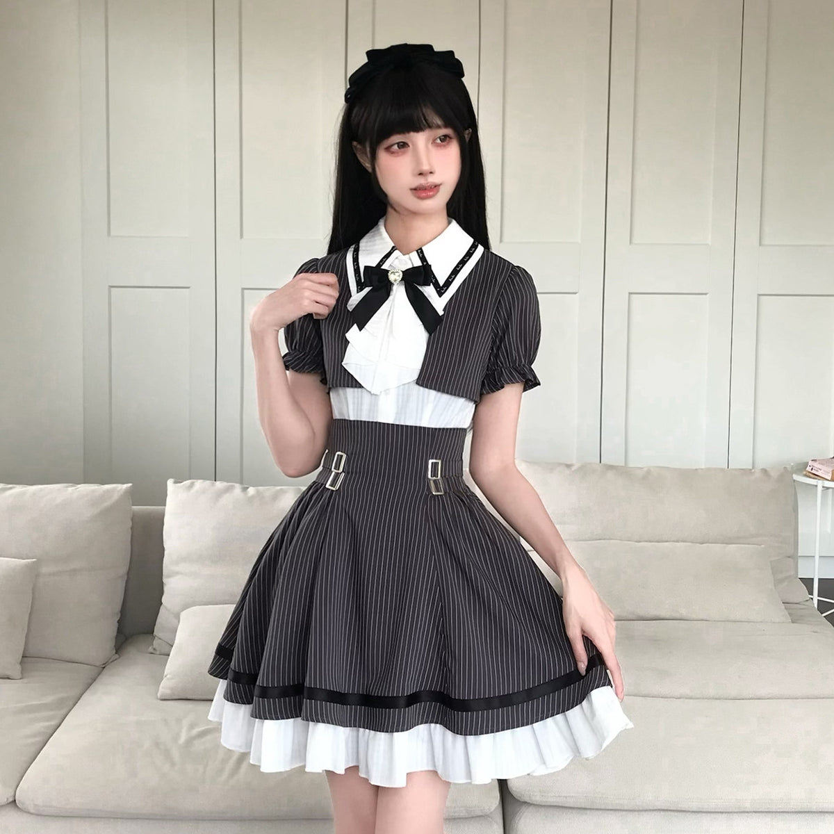 Pinstripe Peter Pan Collar Dress With Ribbon Tie LAL0189