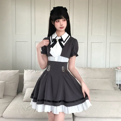 Pinstripe Peter Pan Collar Dress With Ribbon Tie LAL0189