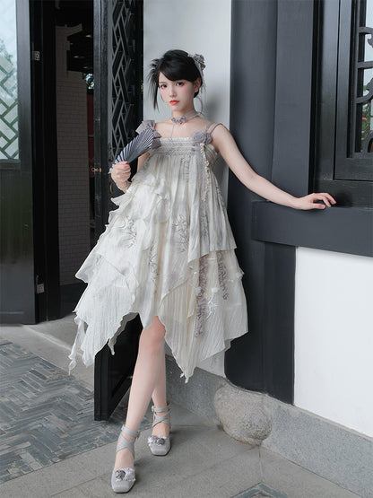 Chinese-Style Bamboo Print Asymmetry Dress WIT0216