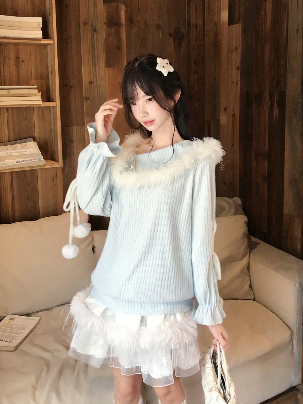 Off Shoulder Fur Trim Knit Sweater LAL0140