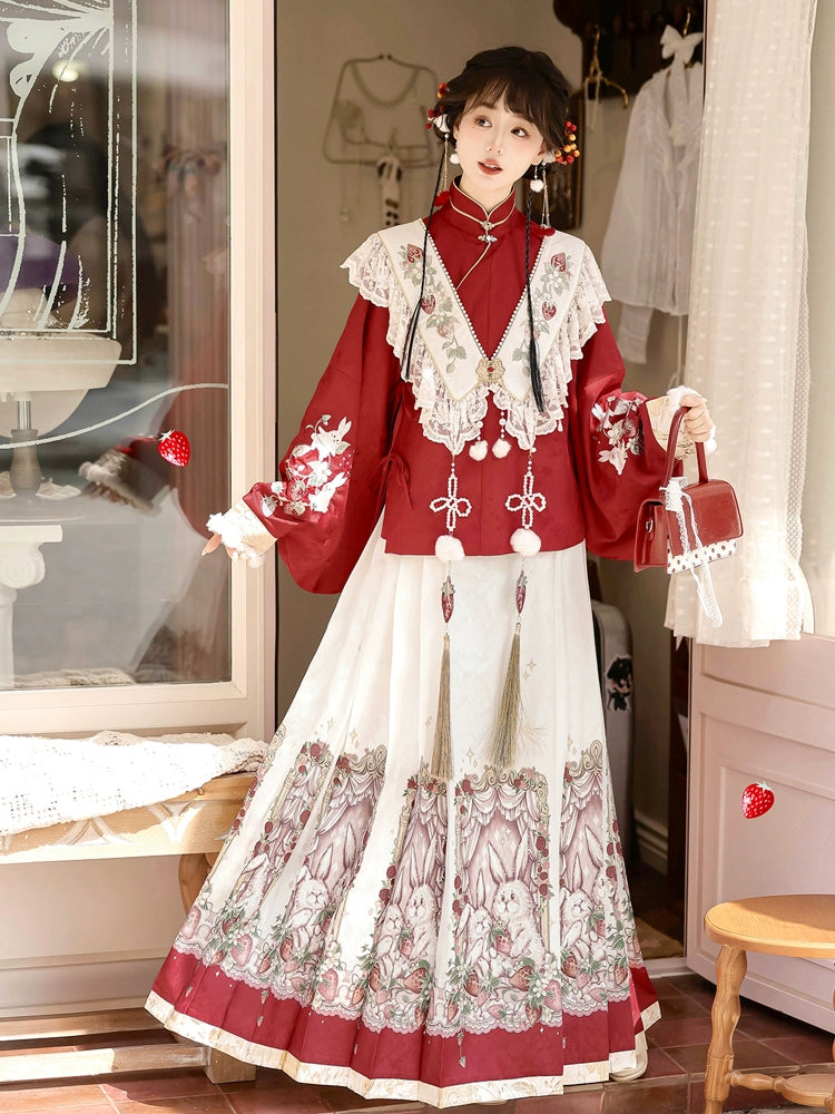 Strawberry and Bunny Chinese-Style Shawl Red Long Sleeve Dress YOU0188