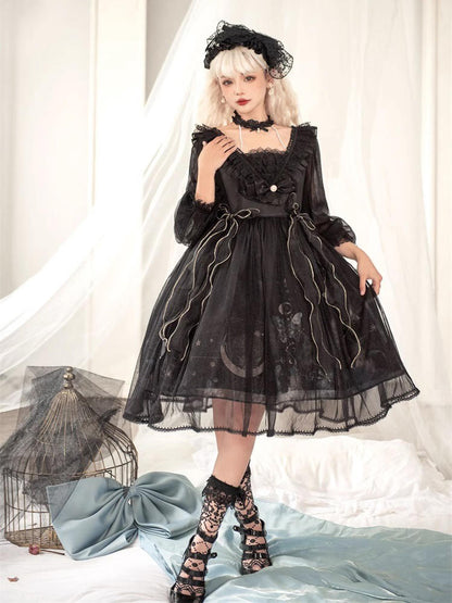 Light Blue or Black High Waist Lace Lolita Dress YOU0040