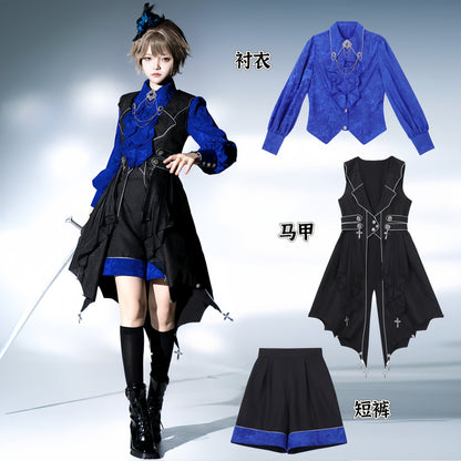 Gothic Knight Blue Shirt Vest And Shorts Set YOU0259