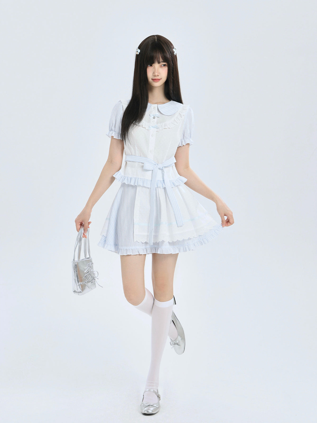 Striped Peter Pan Collar Blouse And Skirt Set LAL0210