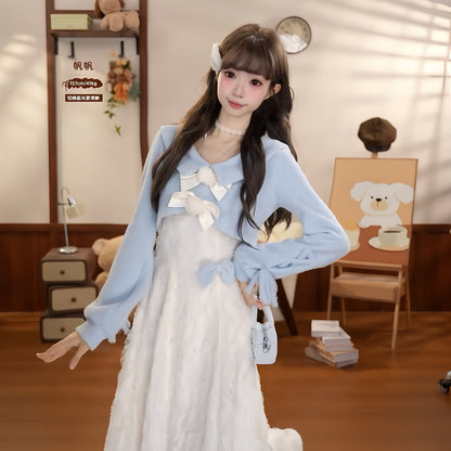 Ribbon Bow Knit Cardigan Lace Dress Set BEL0020