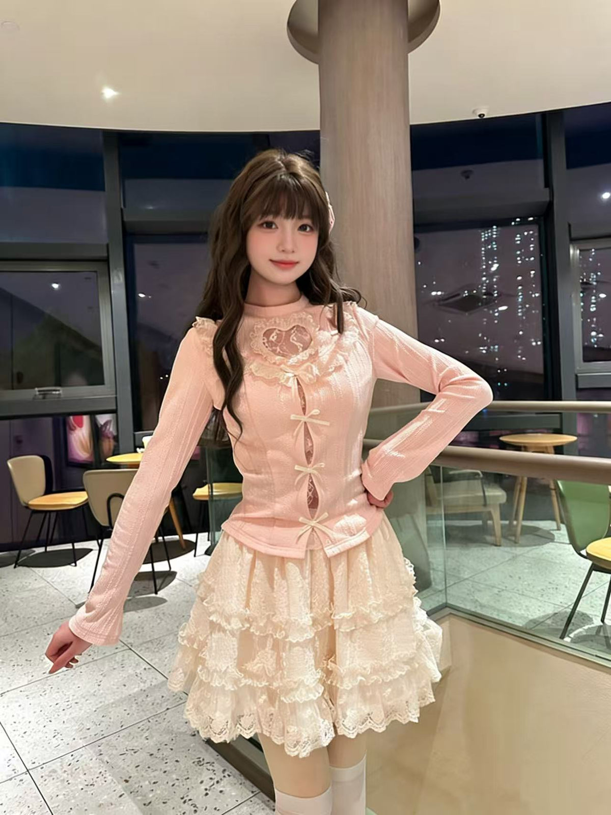 Heart Cutout Lace Trim Tiered Skirt Set BEL0022