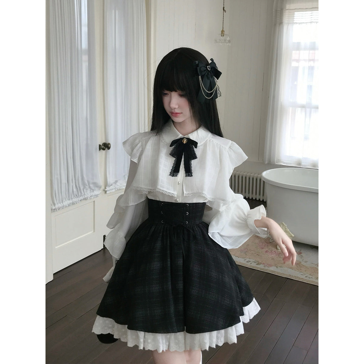 Ribbon Collar Blouse And Plaid Skirt Set LAL0141