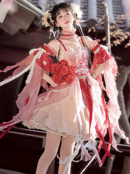 Chinese Style Pink Ombre Feather-Sleeve Dress YOU0298