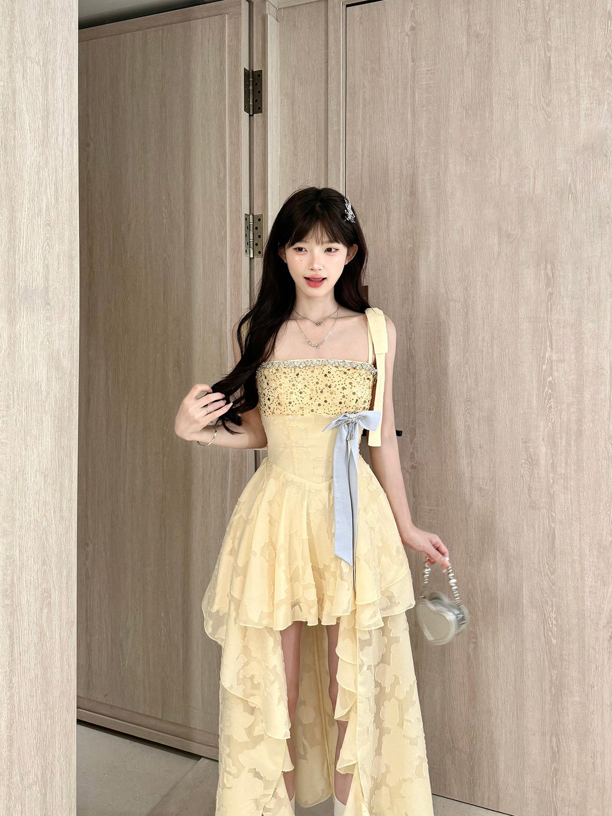Yellow Lace High Low Tiered Dress BEL0032
