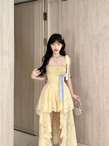 Yellow Lace High Low Tiered Dress BEL0032