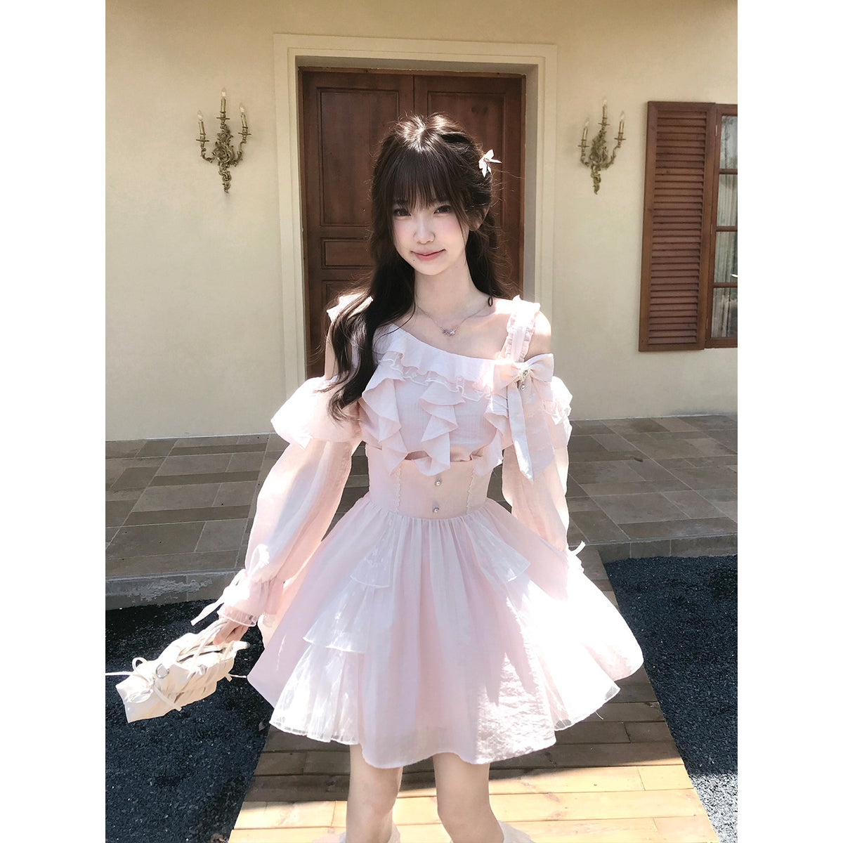 Off Shoulder Ruffle Trim Two-Piece Set LAL0137