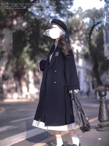 Navy Wool Double-Breasted College Coat HUT0160