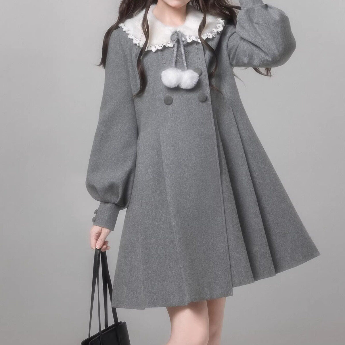 Gray Wool Coat Beret Scarf Set HUT0159