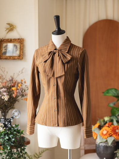 Striped Bow Collar Long-Sleeve Shirt FOR0062