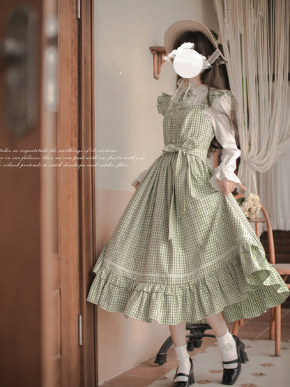 French Light Green Plaid Dress HUT0013