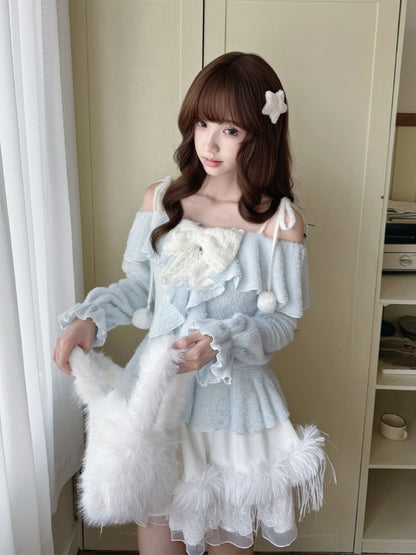 Snow Frost Ruffle Off Shoulder Sweater LAL0150