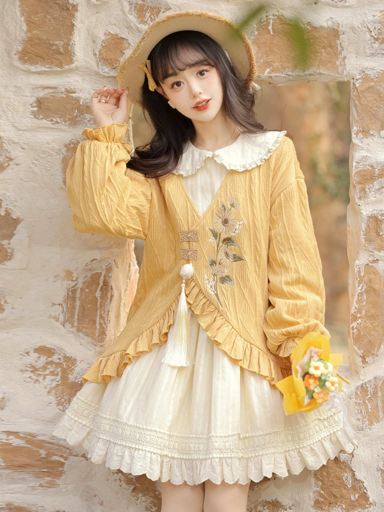 Sunflower Embroidery Frill Dress YOU0168