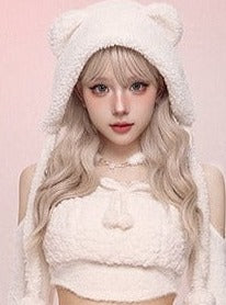 Pure White Fur Top & Fur Slit Skirt & White Bear Hat SER0066