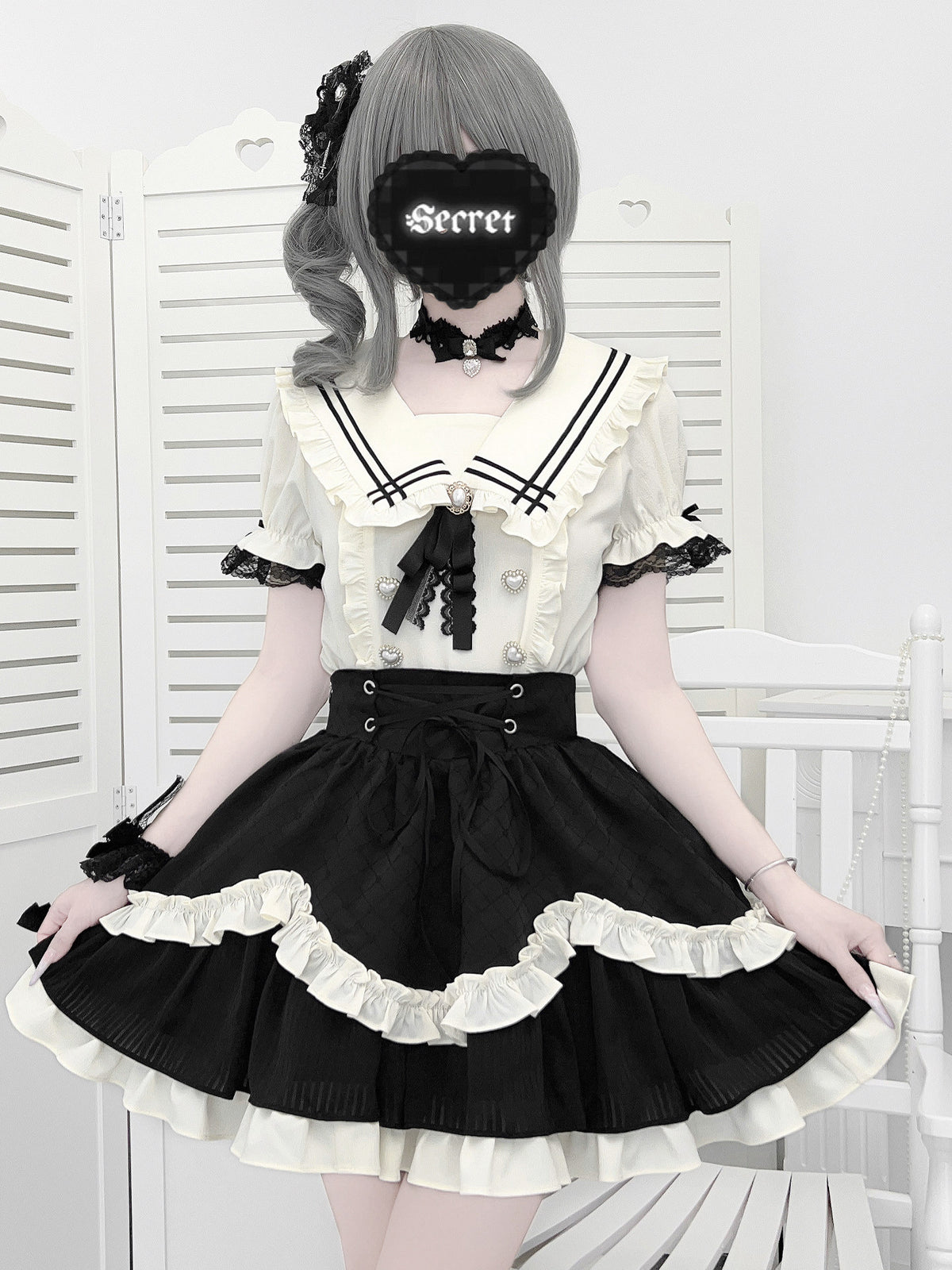 Sailor Collar Ruffle Blouse Skirt Set LAL0250