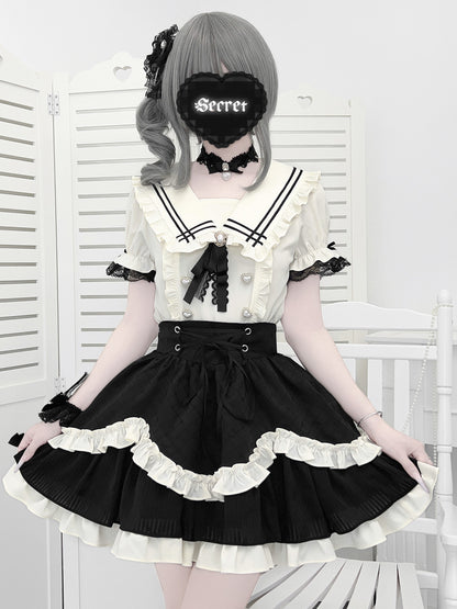 Sailor Collar Ruffle Blouse Skirt Set LAL0250