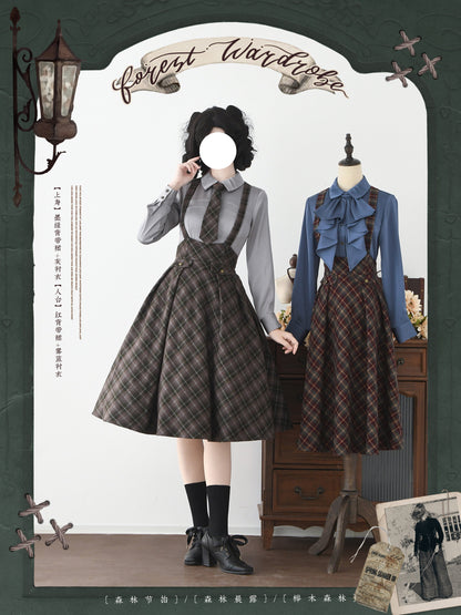 British Vintage Plaid College Suspender Skirt FOR0078