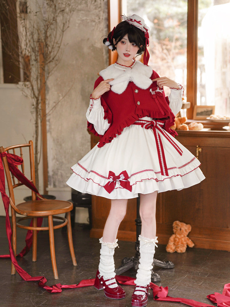 Fur Collar Cape Ribbon Dress Set LAL0253