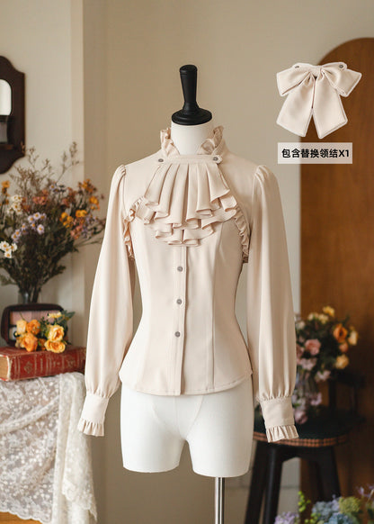 Vintage Ruffled Stand Collar Bow Shirt FOR0081