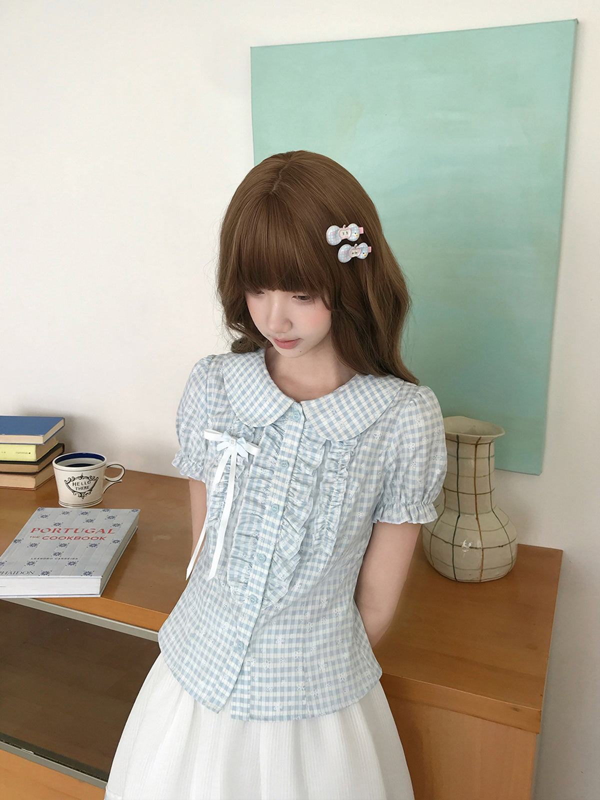 Blue White Gingham Doll Collar Blouse LAL0206