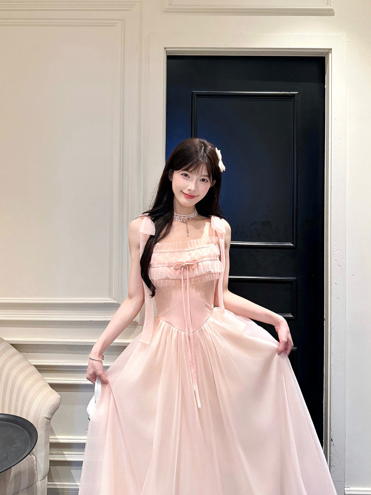 Pink Tulle Ruffle Waist Maxi Dress BEL0029