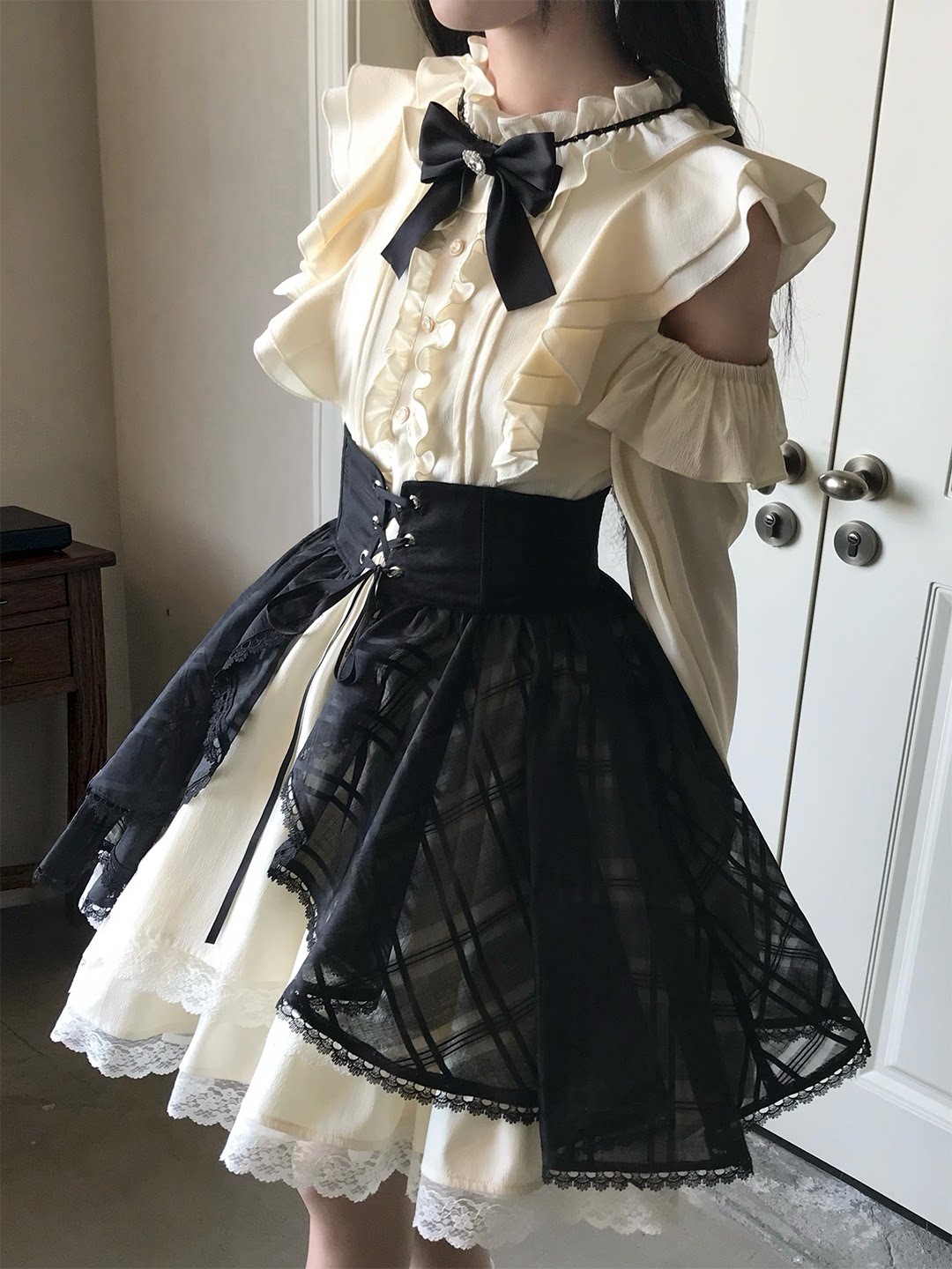 Off Shoulder Ruffle Dress With Lace-Up Overskirt LAL0127