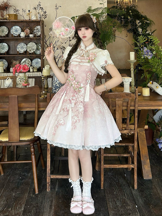 Chinese Style Cherry Blossom Embroidered Cape Dress YOU0272