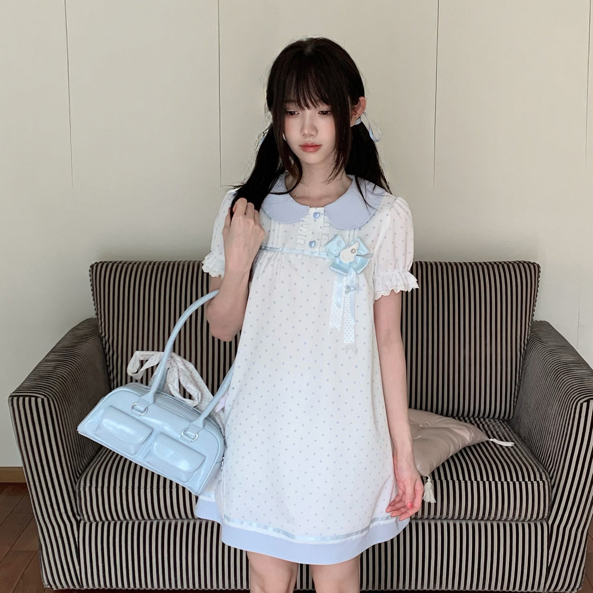 Baby Blue Collar Polka Dot Babydoll Dress LAL0185