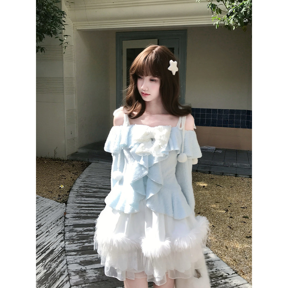Snow Frost Ruffle Off Shoulder Sweater LAL0150