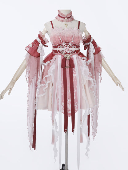 Chinese Style Pink Ombre Feather-Sleeve Dress YOU0298