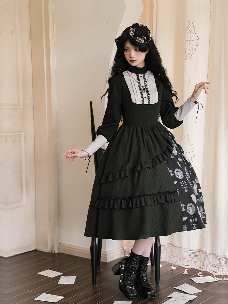 Asymmetry Frill Tiered Black Lolita Dress WIT0142