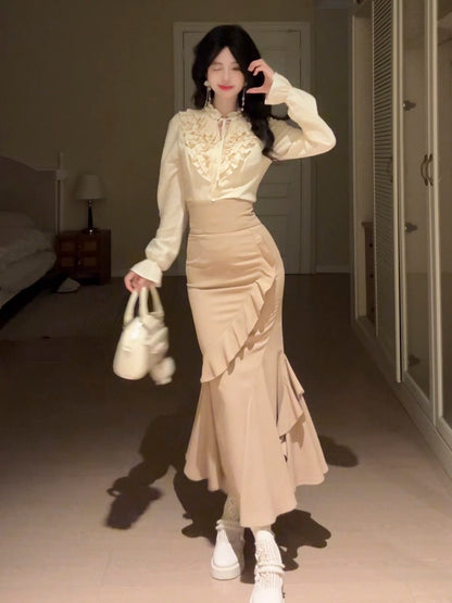 Ruffle Collar Blouse High Waist Mermaid Skirt Set BEL0023
