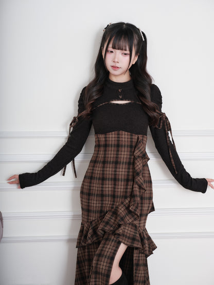Knit Check Patchwork Long Dress NOG0023