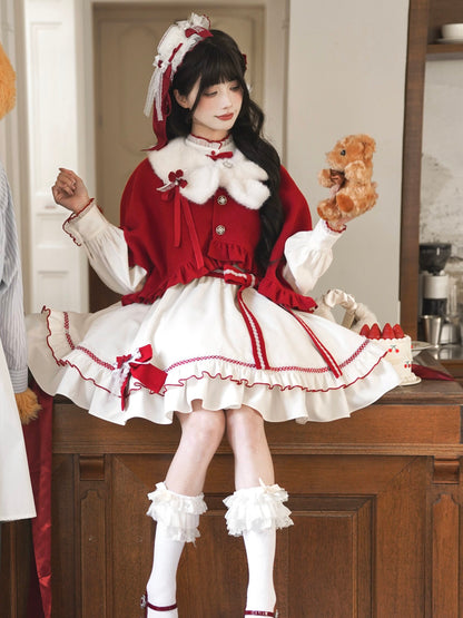 Fur Collar Cape Ribbon Dress Set LAL0253